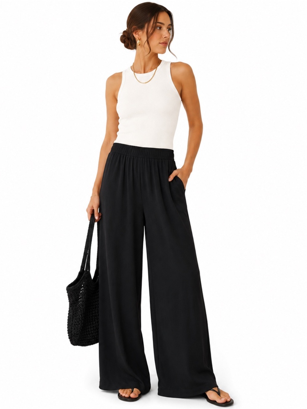 New Area Stars Black Wide Leg Pull On Palazzo Pants Quiet Luxury Minimalist L